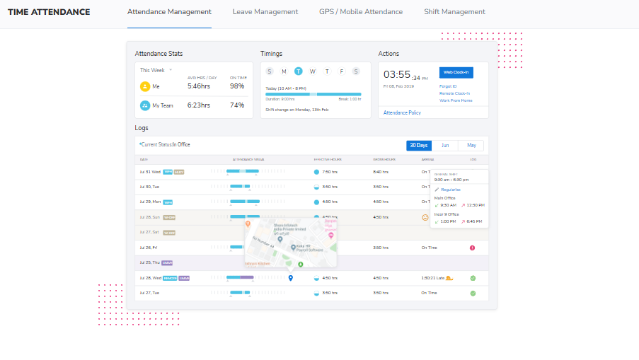  Keka Time Attendance Dashboard Showing Attendance Stats, Shift Timings, Regularisation Options And 30-Day Punch Logs