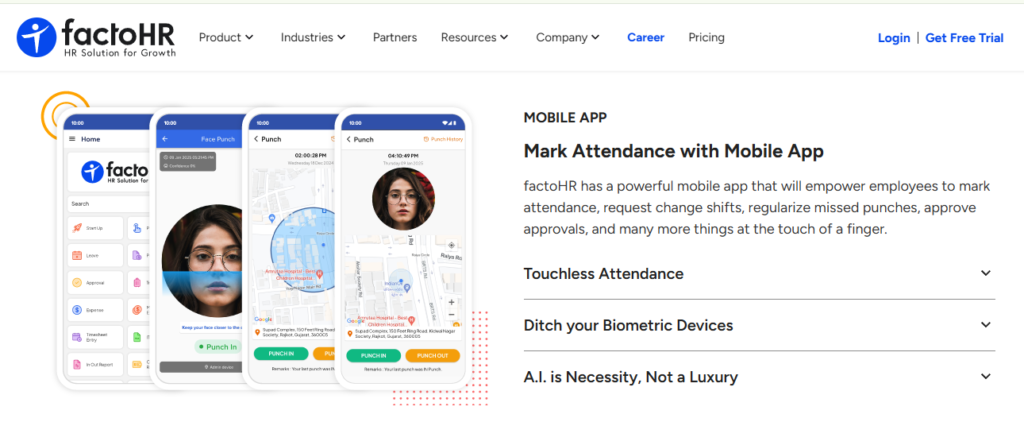 Factohr Mobile App Screens Showing Face Punch, Geofenced Attendance Marking And Punch History For Field Staff