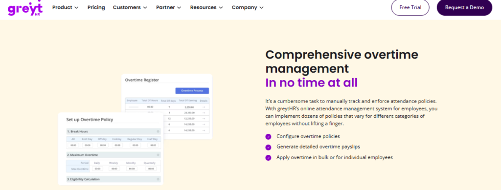 Greythr Overtime Management Screen Showing Overtime Register, Policy Setup, And Eligibility Calculation For Payroll Teams