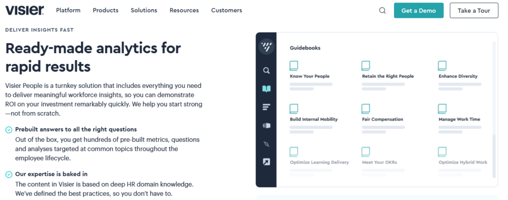 Visier People Analytics Platform Homepage Showing Prebuilt Workforce Metrics And Guidebooks For Hr Analytics Teams