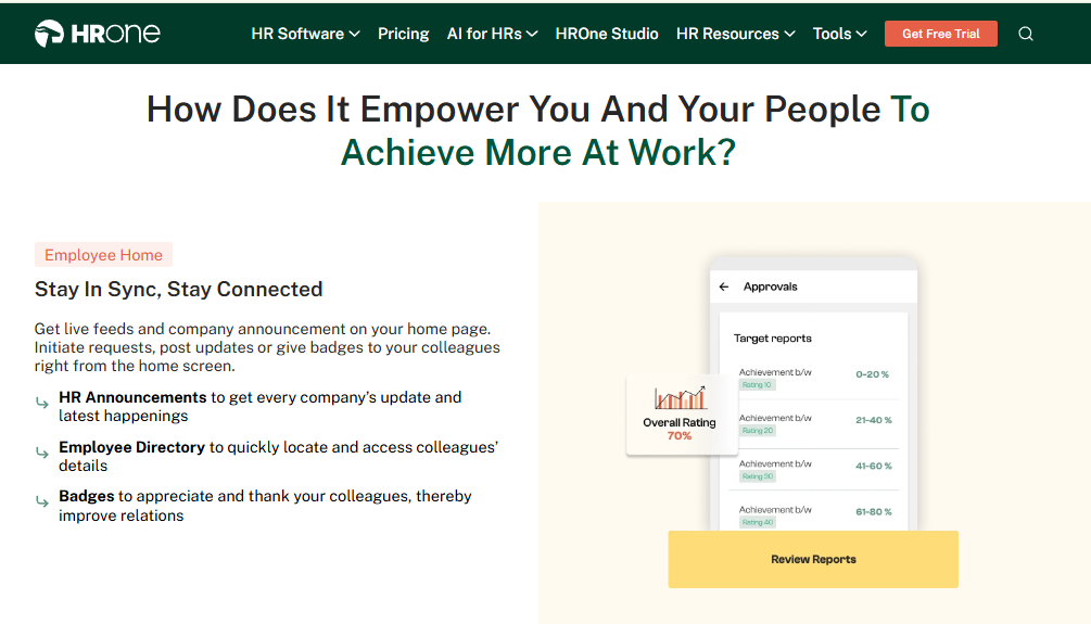 Hrone Employee Home Screen With Announcements, Employee Directory, Badges, And Mobile Approvals For Target Reports