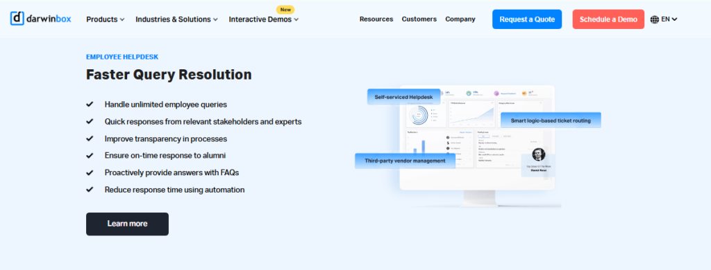Darwinbox Employee Helpdesk Page Listing Self-Serviced Query Handling, Smart Ticket Routing, And Automated Faq Responses