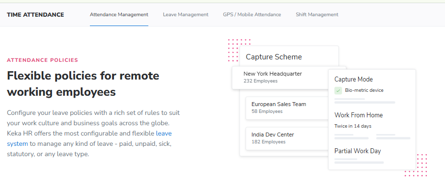 Keka Attendance Policy Configuration Screen With Capture Schemes, Biometric Mode, And Work-From-Home Rules By Location