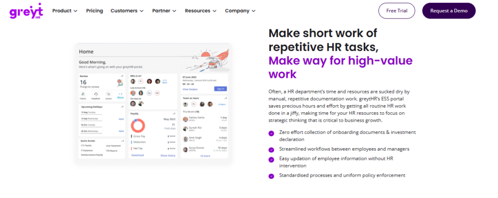 Greythr Ess Portal Home Screen Showing Payslip Summary, Leave Calendar, Pending Reviews, And Team-On-Leave List