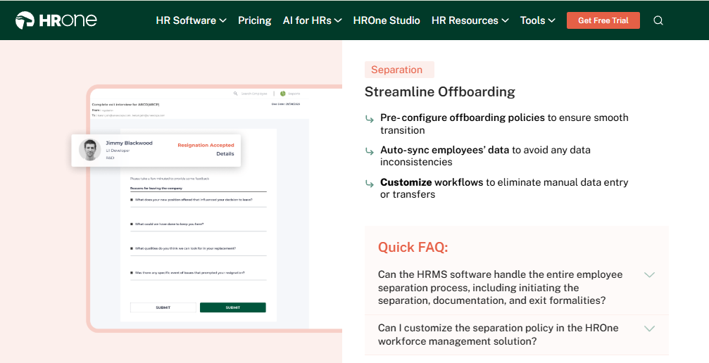 Hrms Software Hr Software Hrone Offboarding Module Showing Exit Interview Form, Pre-Configured Separation Policies, Auto-Synced Data, And Customisable Workflows