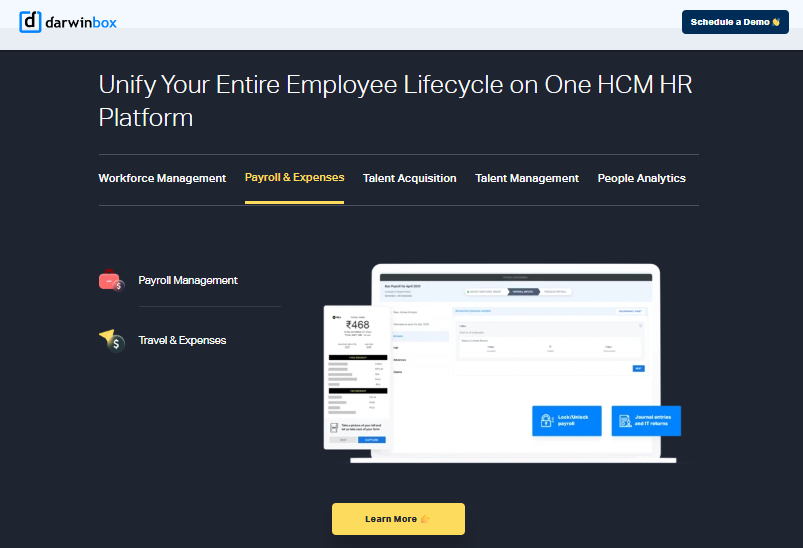 Hrms Software Hr Software Darwinbox Platform Page Unifying The Employee Lifecycle Across Workforce Management, Payroll And Expenses, Talent, And People Analytics