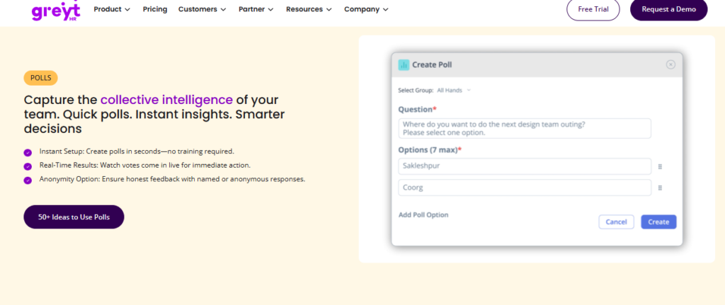 Hrms Software Hr Software Greythr Polls Feature Page Showing Instant Poll Creation With Real-Time Results And Anonymity Options For Employee Feedback