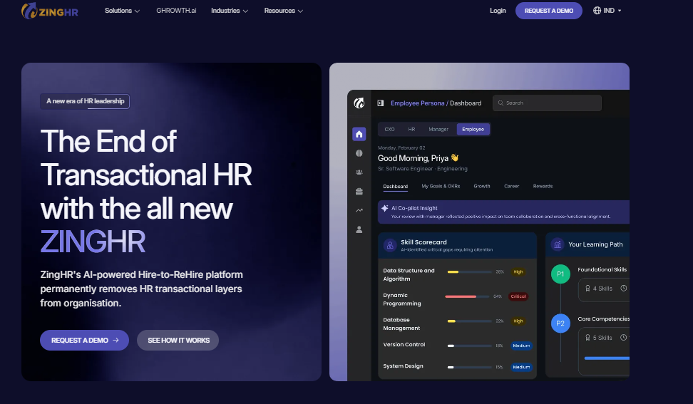 Hrms Software Hr Software Zinghr Homepage Showing Its Ai-Powered Hire-To-Rehire Platform With An Employee Dashboard, Skill Scorecard, And Learning Path