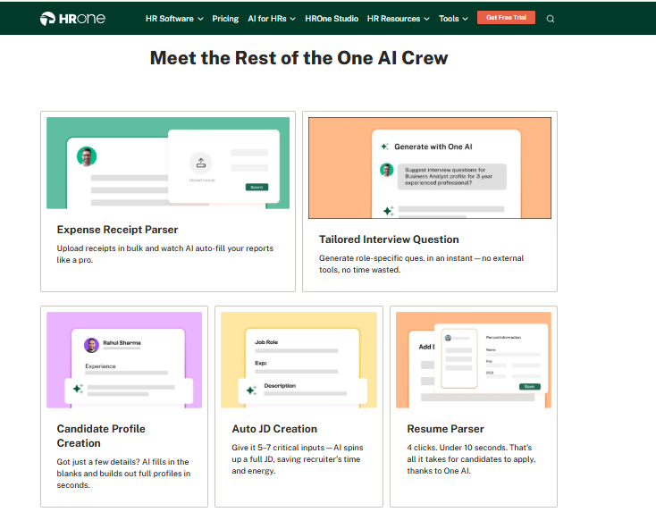 Hrone One Ai Suite Tiles For Resume Parsing, Jd Creation, And Expense Receipt Extraction