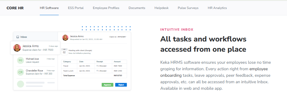 Keka Core Hr Intuitive Inbox Screen Showing Expense Claim Approval With Receipts And Amounts