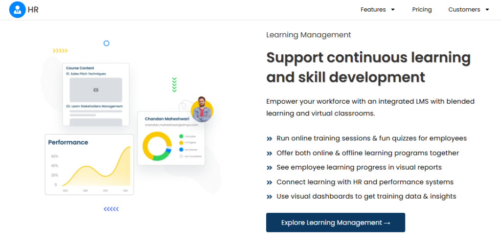 Zimyo Learning Management Module Showing Course Content, Training Progress Charts, And Blended Learning