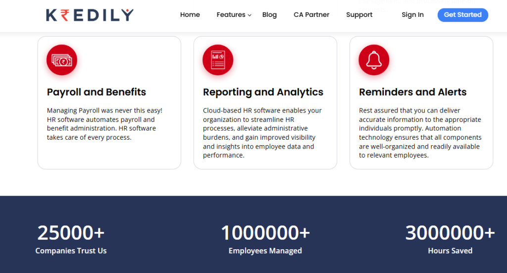 Kredily Features Page Listing Payroll, Analytics, And Alerts With 25,000 Companies Served