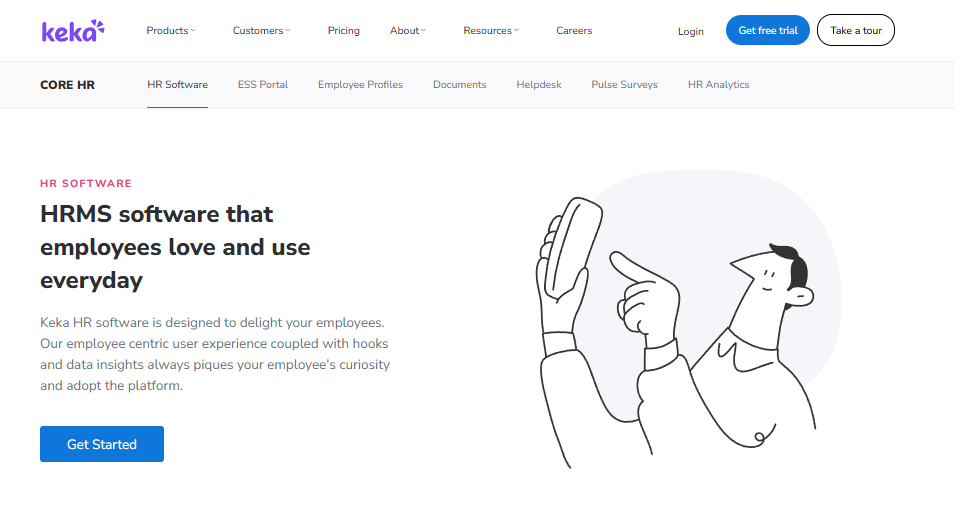 Keka Core Hr Product Page Describing Employee-Centric Hrms Software With Ess Portal, Helpdesk And Hr Analytics