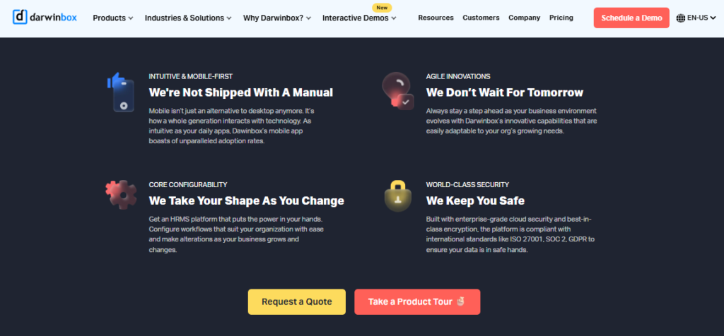 Darwinbox Website Section Describing Mobile-First Design, Agile Innovation, Core Configurability And Enterprise Security