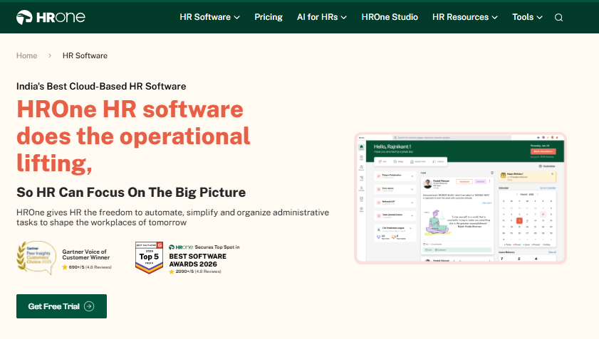 Hrone Hr Software Homepage Showing Gartner Voice Of Customer And G2 Best Software Awards 2026 Badges