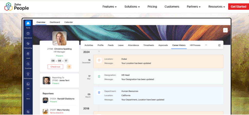Zoho People Employee Profile Dashboard Showing Attendance, Leave, Timesheet, And Career History Modules