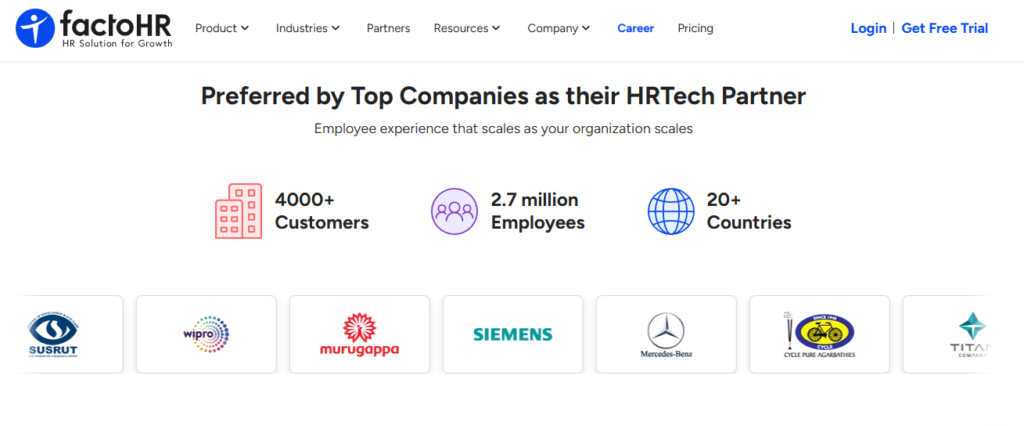 Factohr Homepage Showing 4000 Customers, 2.7 Million Employees, And Enterprise Client Logos