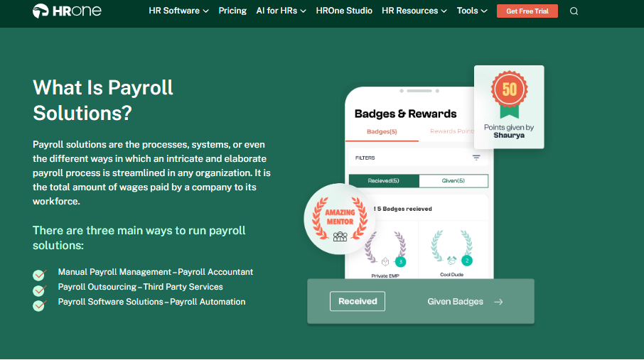 Hrms Software Hr Software Hrone Payroll Solutions Page Explaining Manual Payroll, Outsourcing, And Payroll Automation Options For Indian Companies