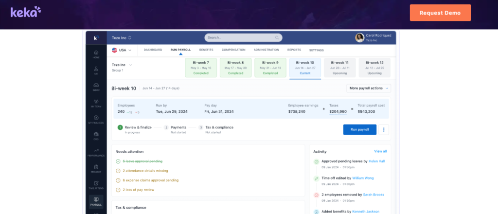 Hrms Software Hr Software Keka Payroll Run Screen Showing Pay Period, Payroll Cost, Tax And Compliance Steps, Plus Pending Approvals