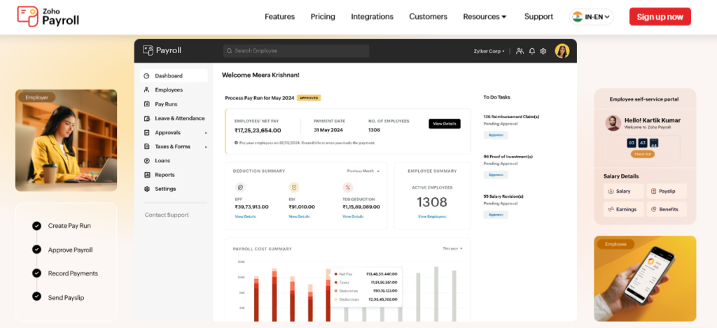 Hrms Software Hr Software Zoho Payroll India Dashboard Showing Epf, Esi, And Tds Deduction Summary With Employee Self-Service Portal