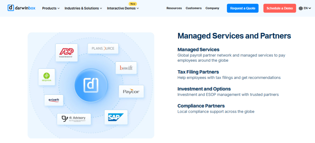 Hrms Software Hr Software Darwinbox Managed Services Page Showing Payroll, Tax Filing, And Compliance Partner Network Including Sap And Adp
