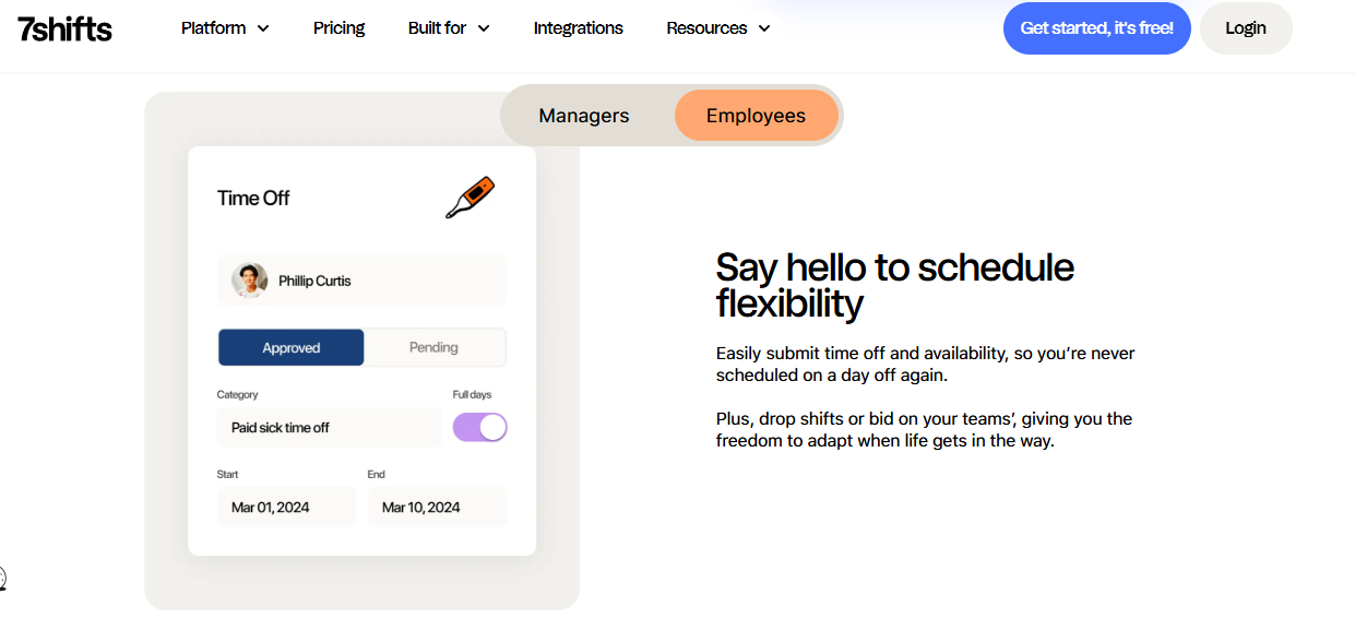 Hrms Software Hrone 7Shifts Employee App Showing An Approved Paid Sick Time Off Request And Shift Bidding Options