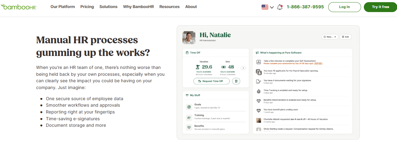 Bamboohr Dashboard Showing Time Off Balances, Pending Signatures, Goals And Benefits For A One-Person Hr Team