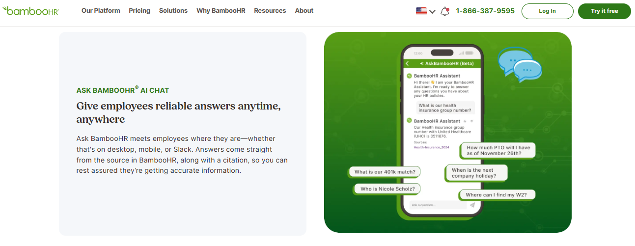 Bamboohr Mobile App Screen With Ask Bamboohr Ai Chat Answering Employee Hr Policy Questions