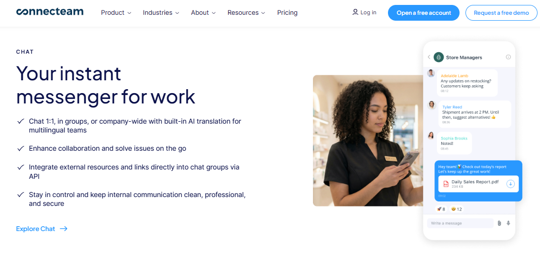 Connecteam Mobile Chat Screen Where A Store Manager Coordinates Shift Updates With Frontline Staff