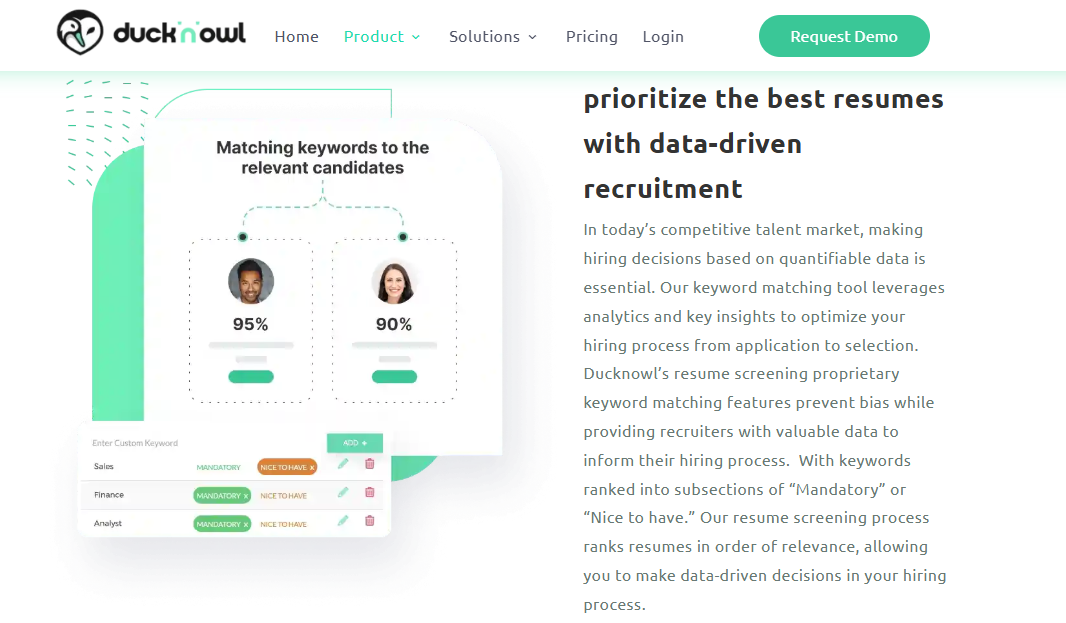  Ducknowl Keyword Matching Screen Ranking Resumes At 95 And 90 Percent With Mandatory And Nice-To-Have Criteria