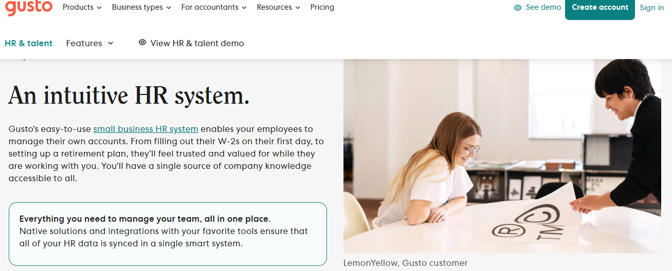 Gusto Small Business Hr System Page Describing Employee Self-Service, W-2 Filing And Synced Hr Data Records