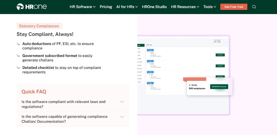 Hrone Statutory Compliance Screen Auto-Deducting Pf And Esi And Generating Government-Format Challans For Payroll