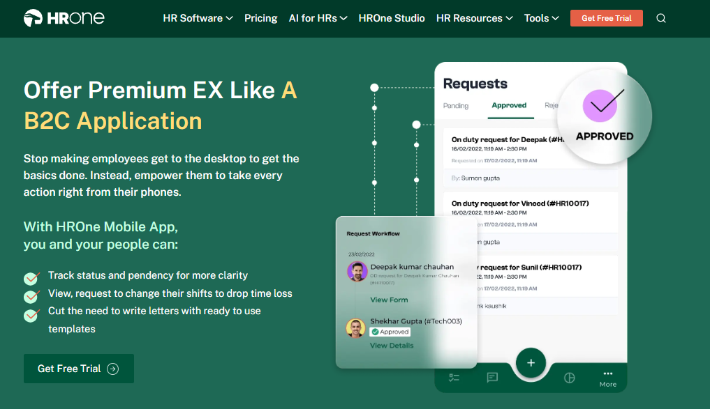 Hrone Mobile App Screen Showing On-Duty Request Approvals And Request Workflow Pendency Tracking