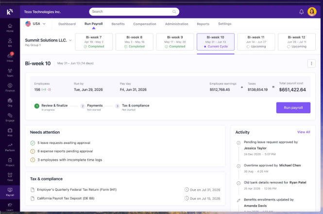 Keka Payroll Run Dashboard Showing Bi-Weekly Cycle Status, Employee Earnings, Taxes And Pending Approval Items
