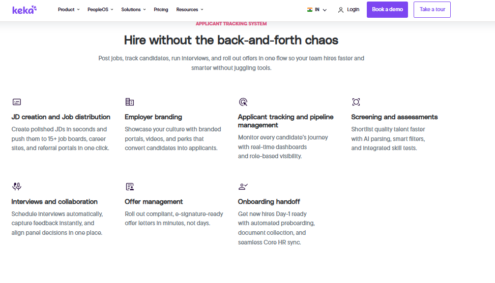 Keka Applicant Tracking System Features Including Ai Parsing, Screening, Assessments, Offers, And Onboarding Handoff