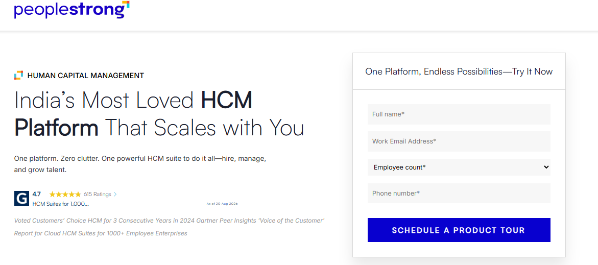 Peoplestrong Hcm Page Showing 4.7 G2 Rating, 615 Ratings And A Product Tour Form For Enterprise Hr Buyers