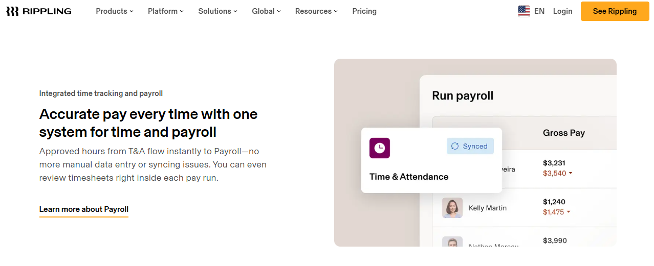 Hrms Software Hr Software Rippling Time And Attendance Syncing Approved Hours Into A Payroll Run With Gross Pay Figures