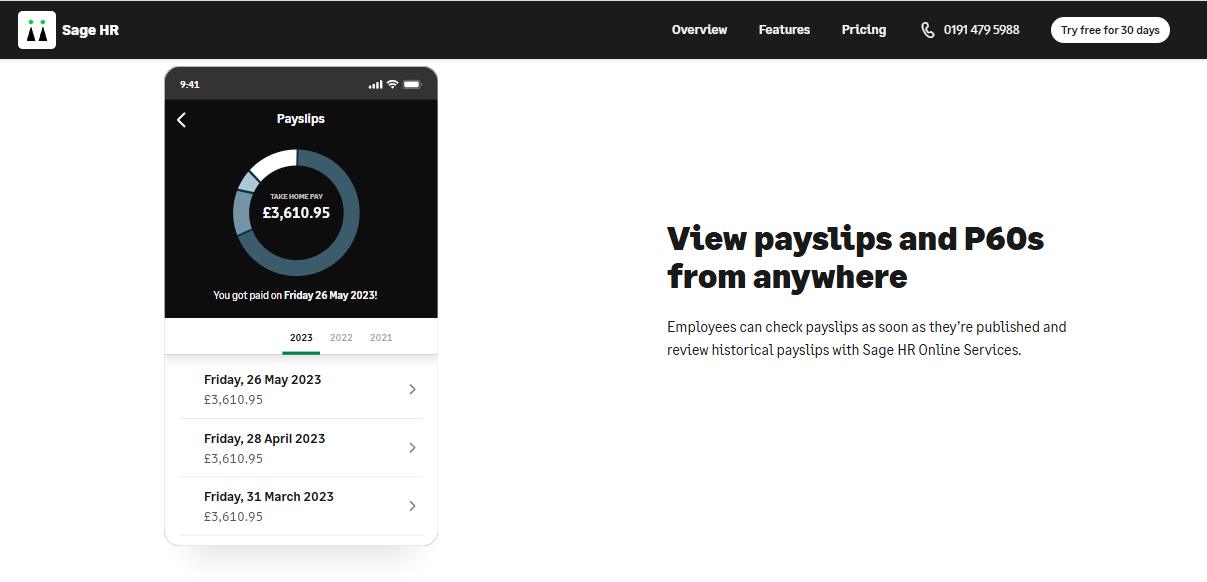 Sage Hr Mobile Payslip Screen Showing Take-Home Pay Breakdown And Historical Monthly Pay Records