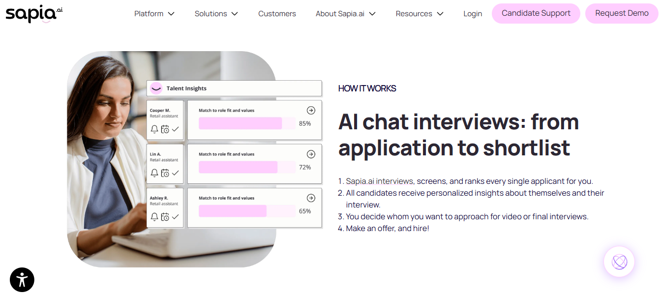 Sapia.ai Talent Insights Panel Ranking Retail Assistant Applicants By Role Fit Percentage After Ai Chat Interviews