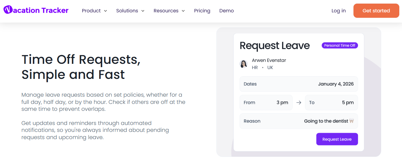 Hrms Software Hr Software Vacation Tracker Request Leave Card Showing Hourly Personal Time Off Dates, Times And Reason Field