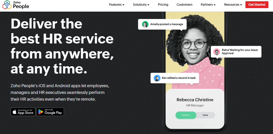  Zoho People Mobile App Promo Showing Leave Approval Alerts And Employee Profile On Ios And Android