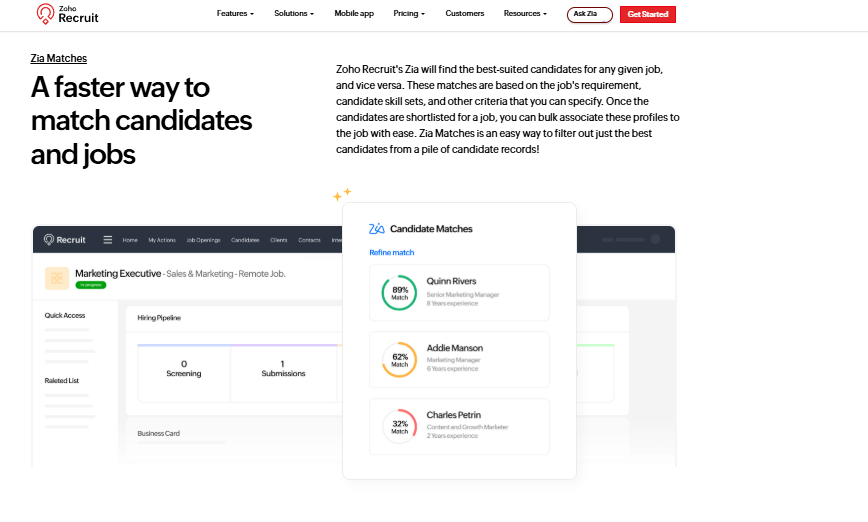 Zoho Recruit Zia Matches Dashboard Scoring Marketing Candidates At 89, 62, And 32 Percent Job Match