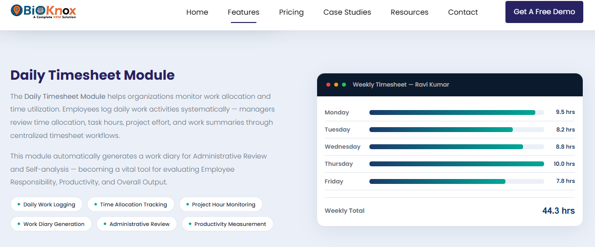 Hrms Software Hr Software Bioknox Daily Timesheet Module Logging Weekly Hours Per Worker For Contract Workforce Utilisation Review