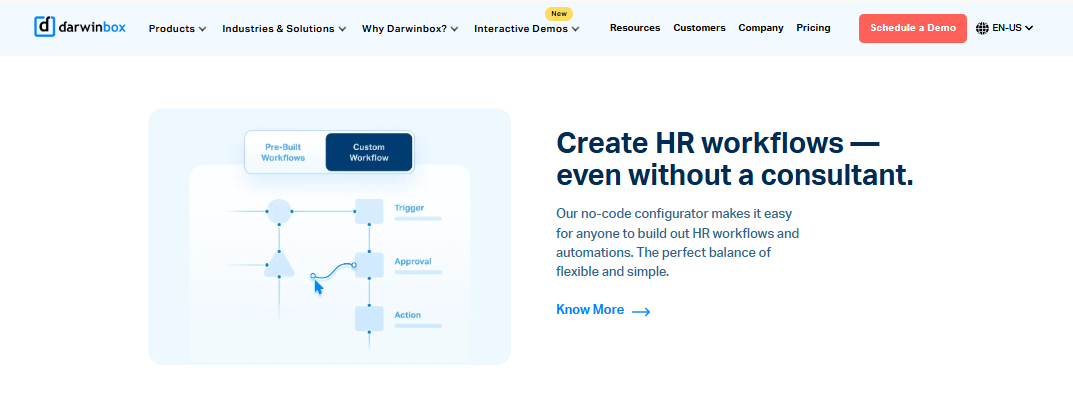 Darwinbox No-Code Hr Workflow Builder Showing Trigger, Approval, And Action Steps
