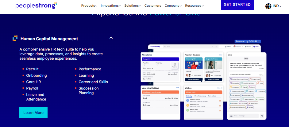 Peoplestrong Human Capital Management Dashboard With Recruitment, Payroll, Attendance, Learning, And Ai Assistant