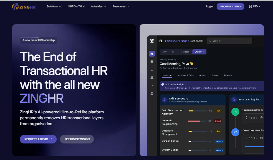 Zinghr Ai-Powered Hire-To-Retire Employee Dashboard With Skill Scorecards And Learning Paths