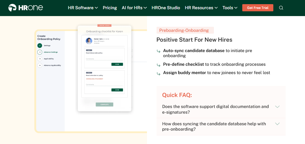 Hrone Preboarding Onboarding Dashboard With Checklist, Policy Setup, And New Hire Faq